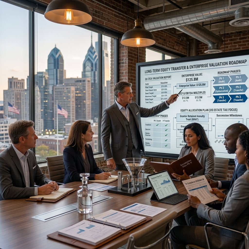 Isko Inc. exit planning advisor Executive exit strategy session in a modern US corner office, senior corporate advisor reviewing long-term wealth transfer and succession roadmaps with a business owner, high-end corporate photography style