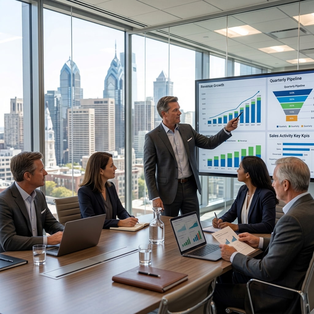 sales executive leading a strategic pipeline review Isko Inc. fractional sales leader running a revenue strategy session with a corporate team
